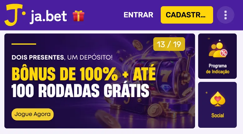 Topo do lobby da Já.bet no celular em 31/10/2026: barra roxa com Entrar e Cadastrar e o banner do bônus de 100% + até 100 rodadas grátis
