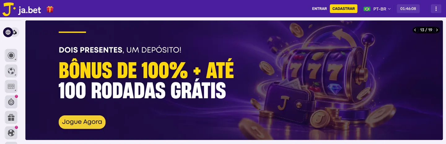Lobby da Já.bet em 31/10/2026: topo roxo com o logo, os botões Entrar e Cadastrar e o banner «Bônus de 100% + até 100 rodadas grátis»