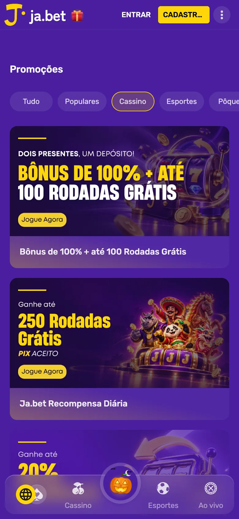 Página Promoções da Já.bet no celular em 31/10/2026, filtro Cassino: cards «Bônus de 100% + até 100 Rodadas Grátis» e «Ja.bet Recompensa Diária» e a barra inferior com Cassino, Esportes e Ao vivo