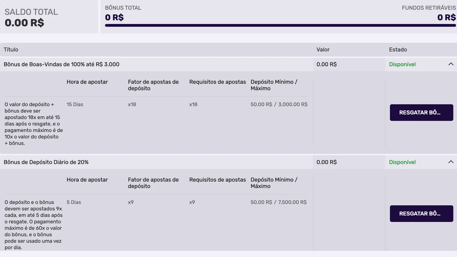 Painel Bônus de Cassino na conta da Já.bet em 30/10/2026: boas-vindas de 100% até R$ 3.000 (18x em 15 dias, depósito de R$ 50 a R$ 3.000) e depósito diário de 20% (9x em 5 dias, depósito de R$ 50 a R$ 7.500), ambos Disponível